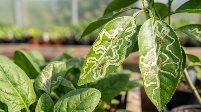 Citrus leaves damaged by leaf miner pest infestation