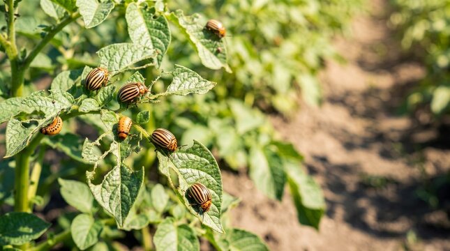 Colorado potato beetles damaging potato plant leaves in field