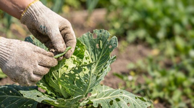 Cabbage leaf damaged by caterpillar pest in vegetable garden