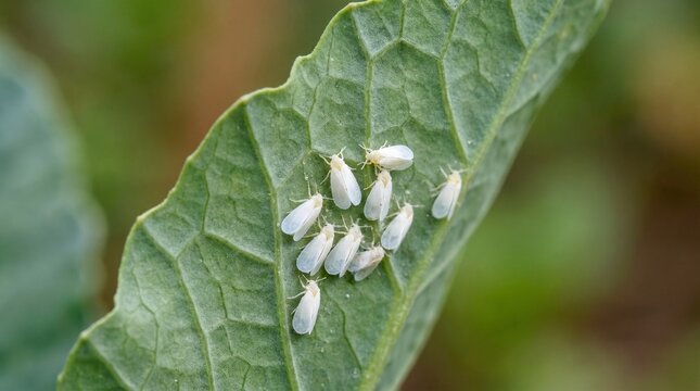 Whiteflies infesting green leaf causing plant pest damage