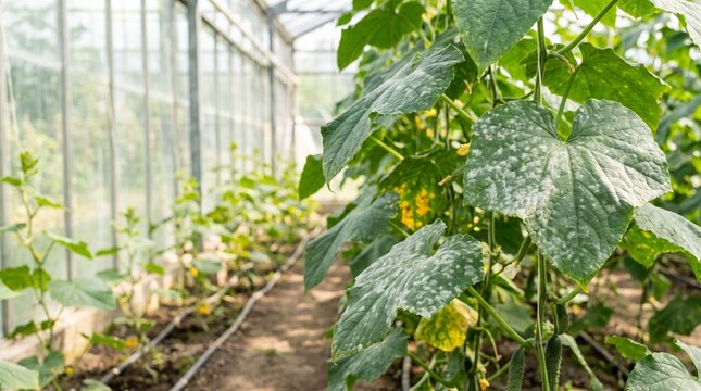 Cucumber leaves affected by powdery mildew disease in greenhouse