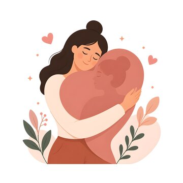 Young woman hugging big heart shape with inner child silhouette self love acceptance mental health concept vector illustration