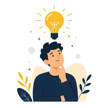 Thinking man with a bright glowing light bulb above his head vector illustration