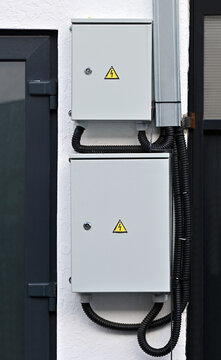 Electric distribution cabinet on wall