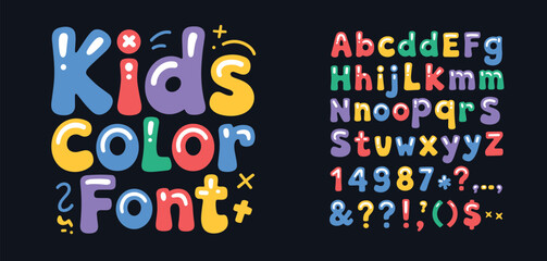 Kids color font alphabet set with rounded bubble letters numbers and punctuation marks in bright primary colors on a dark background for projects © Maru
