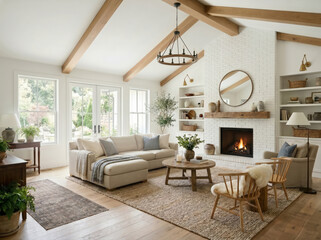 Obraz premium A white modern farmhouse living room with white walls and wooden beams on the high ceilings and cozy furniture sitting around a white fireplace.