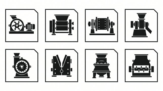 Industrial crushing and grinding machine icon set vector illustration