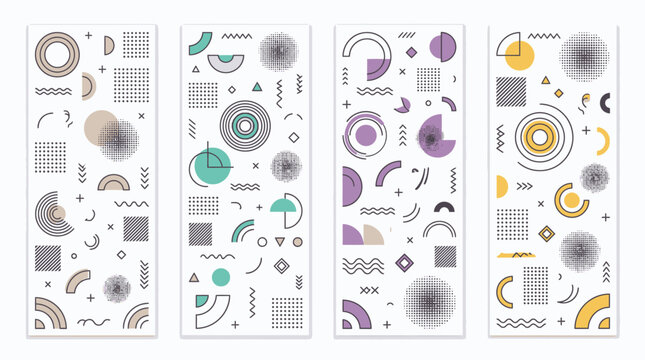 Vertical geometric Memphis banners with purple halftone accents