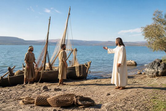 Jesus Calling Fishermen by Their Boats on the Tranquil Galilee Shore in Ancient Biblical Times.