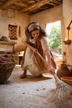Woman Sweeping Her Ancient House by Lamplight, Diligently Searching for a Lost Coin.