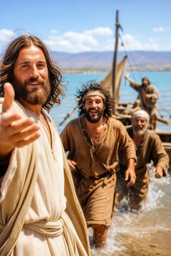 Jesus Calling Fishermen to Discipleship by Their Boats on the Ancient Galilee Shore, a Dynamic Biblical Scene of Faith and Transformation.