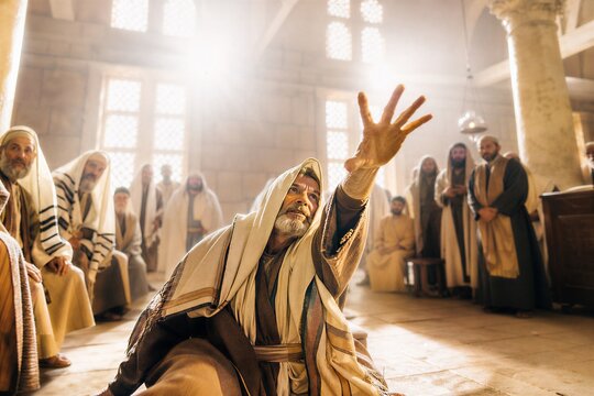 Ancient Man Stretching Out Withered Hand Inside a Synagogue, a Dynamic Biblical Scene of Faith, Healing, and Divine Miracle.
