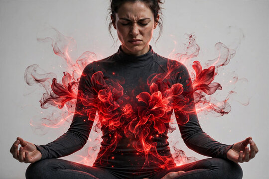 Angry woman meditating with intense red smoky floral energy blooming