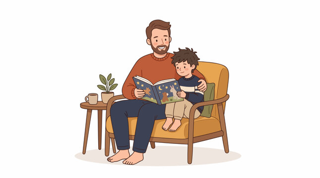 Father and Son Reading Together: A warm and tender moment captured as a father reads a storybook to his young son, nestled together on a cozy armchair, creating cherished memories.