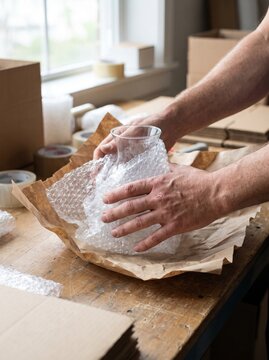 Hands carefully wrapping a fragile glass vase in bubble wrap and brown paper for shipping