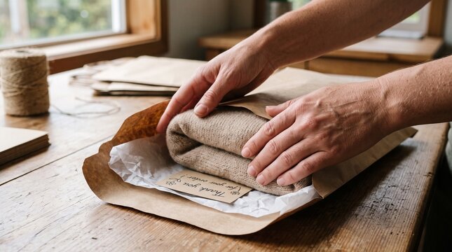 Hands carefully folding a folded sweater into a brown paper mailer with a thank you note