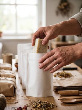 Artisan hands carefully place a handmade herbal soap bar into a white resealable pouch for packaging and sale