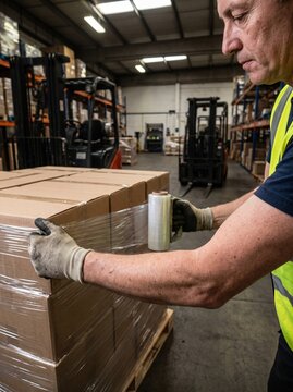 Warehouse worker in high visibility vest wrapping pallet of boxes with plastic film