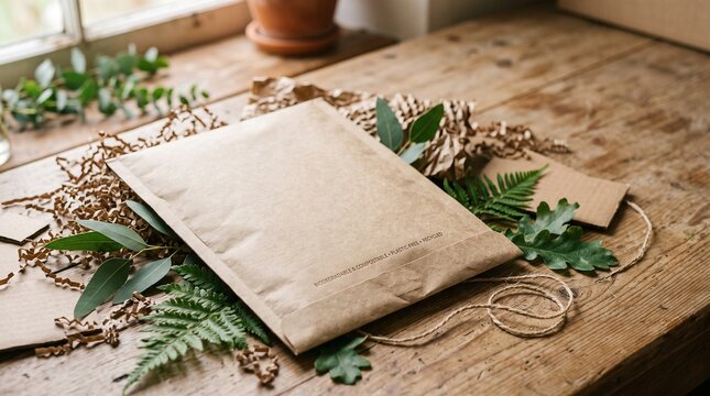 Eco friendly packaging with biodegradable materials and natural green leaves on a wooden table