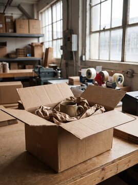 Handmade Ceramic Mug Carefully Packed in Cardboard Box with Protective Paper in Workshop