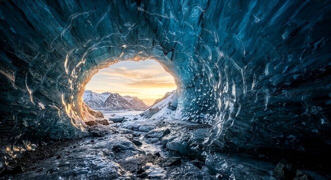 Natural Blue Glacier Ice Cave with Crystal Clear Frozen Formations at Sunrise