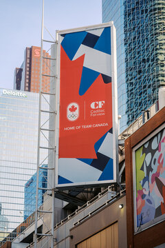 Toronto, Canada - June 20, 2026: Large Team Canada Olympic banner on urban building facade