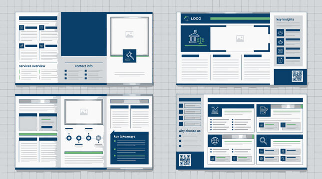 Blue and white corporate brochure multi-page layout set.
