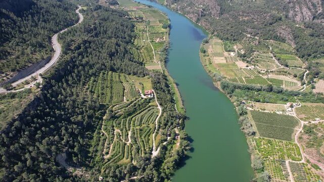 Drone footage of Ebro river and C-12 road on sunny spring day. Benifallet, Tarragona, Spain.