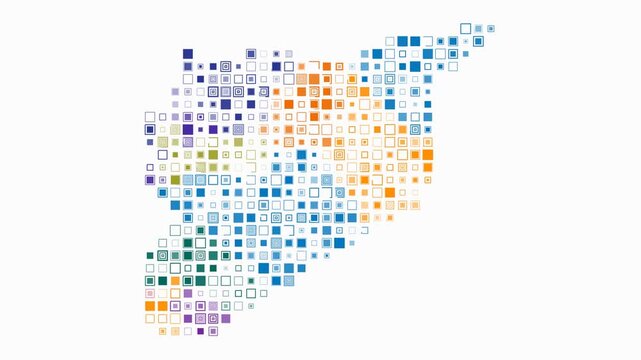 Syria animated country shape. Pulsating colored dots on the map of the country. Large size square blocks. Digital style Syria map on white background. Creative animation video.