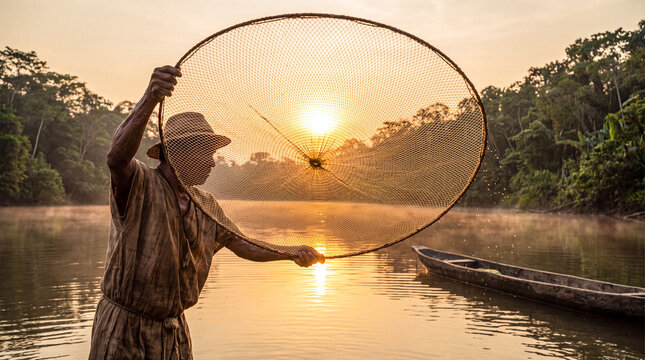 Fisherman throwing casting net at sunrise. Traditional angler fishing in a tropical river.