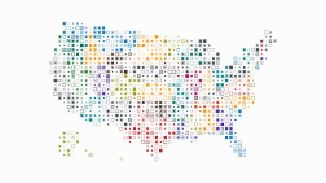 United States animation. Shape of the country with pulsating colored dots. Small size square blocks. Digital style map on white background. Artistic video.