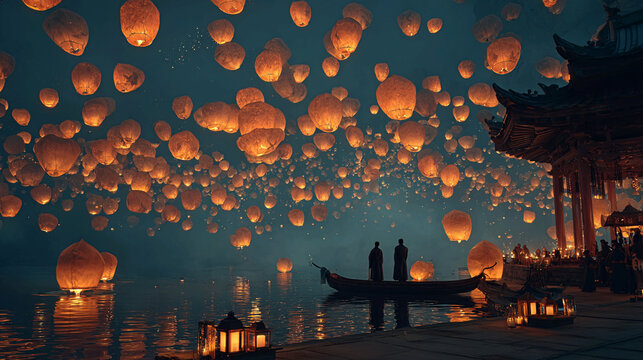 Silhouette couple walking under floating sky lanterns at night. Romantic festival celebration with glowing paper hot air balloons over water reflec...