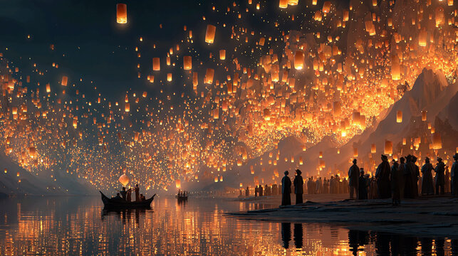Nighttime lantern festival with floating sky lights over water. Traditional Asian cultural celebration featuring glowing paper lanterns and reflect...