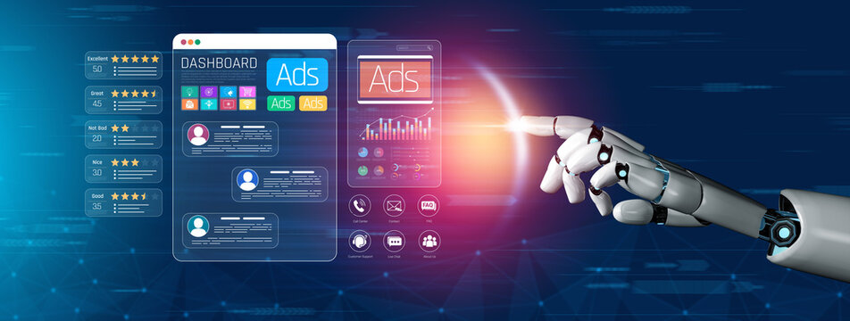 Futuristic Robot Hand Interacting with Digital Advertising Dashboard Interface Displaying Analytics and User Data in Modern Technology Environment Sigmoid