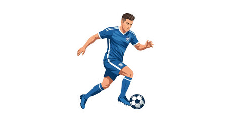Fototapeta premium Dynamic cartoon soccer player wearing a blue uniform while running with a football. Perfect for sports clubs, football schools, youth academy branding, stickers, mobile games, educational resources, a