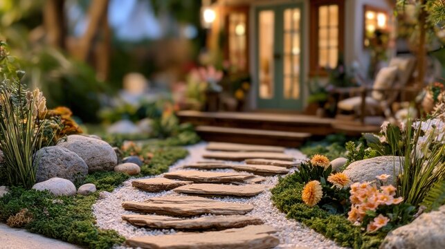 A small garden path connects the main house to a tiny studio module surrounded by blooming plants and rocks in a diorama setting.