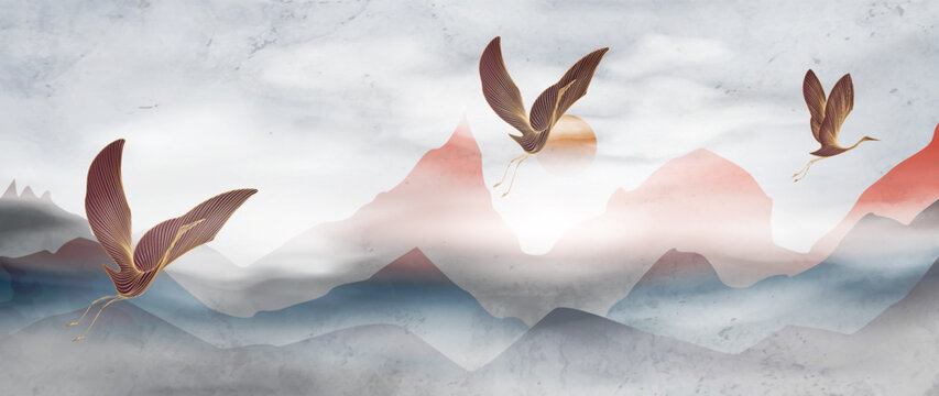 Art background with mountains and birds at dawn in an oriental style. Landscape banner with watercolor textures for decor, prints, wallpaper, textiles, posters, and interiors.