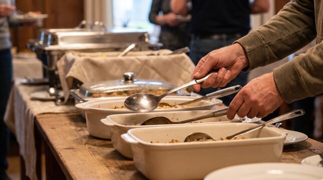 Guest using serving spoons to take food from chafing dishes at a buffet line