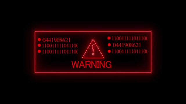 Digital warning sign with glowing red neon frame and rapidly changing mathematical data streams for cyber security, system error alerts