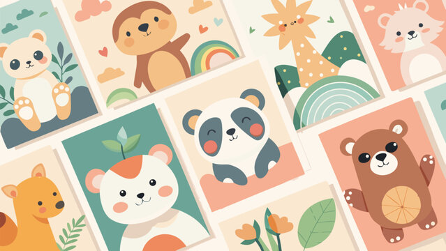 Cute Nursery Wall Art Cards Vector Set with Adorable Cartoon Animals and Pastel Scandinavian Baby Room Decor