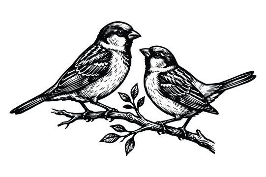 Vintage hand drawn illustration of two sparrows perched on a tree branch