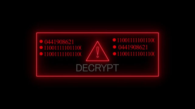 Cyber security decrypt warning interface with glowing red neon warning triangle symbol and rapidly changing numerical data streams for futuristic digital technology and advanced network