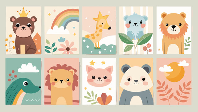 Cute Nursery Wall Art Cards Vector Set with Adorable Cartoon Animals and Pastel Scandinavian Baby Room Decor