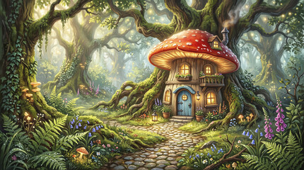 Fototapeta premium Cozy fairytale mushroom house in a magical enchanted forest with glowing light and stone path