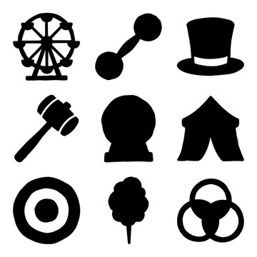Carnival and circus elements in silhouette style, amusement park objects and entertainment.