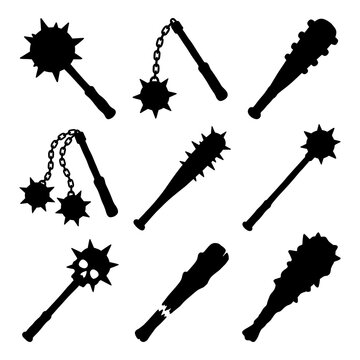Medieval weapon silhouettes featuring morning star mace flail and wooden club icons for gaming design.