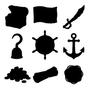 Set of pirate life equipment and treasure hunt symbols in black silhouettes.