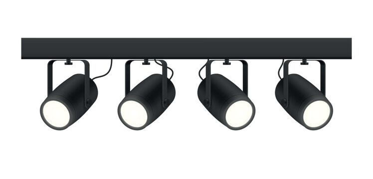 Black track light with four cylindrical spotlights suitable for various rooms and settings