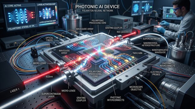 Futuristic AI data processing chip with photonic neural networks. Advanced quantum computing hardware for machine learning and deep neural analysis.