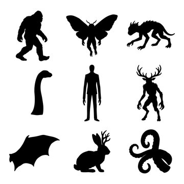 Collection of mysterious cryptid and legendary monster silhouettes.